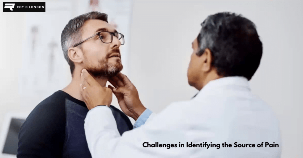 male patient standing while a Male doctor examine his throat.