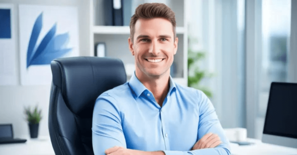 white male sitting in an office chair and smiling