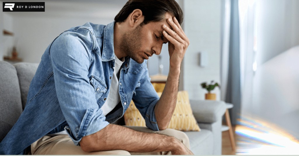 man sitting in a room holding his forehead in pain.