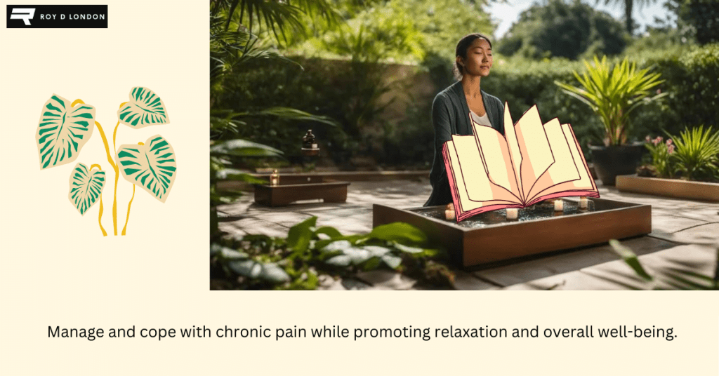 relaxation techniques for pain relief Woman sitting in outdoor garden with legs crossed meditating.