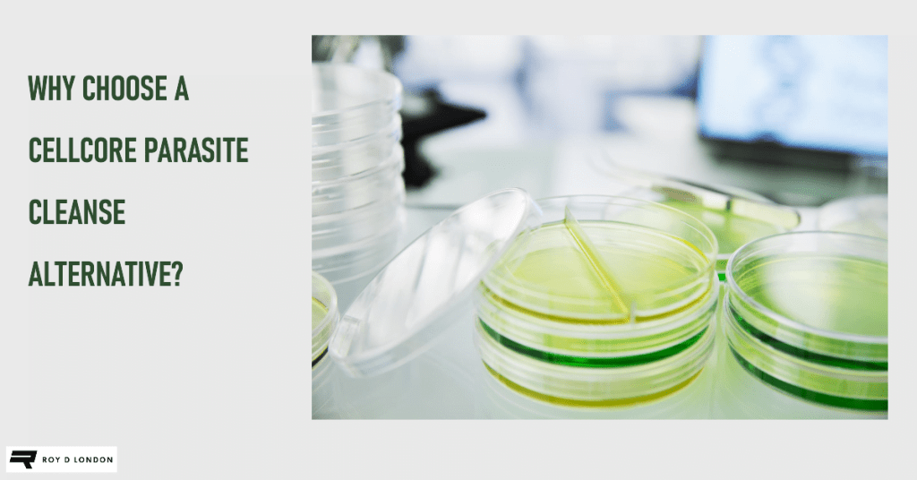 There are two small clear containers on a lab table with a different shade of green liquid in each container. Illustrating why you would choose Cleanest Body Detox as a Cellcore parasite Cleanse alternative.
