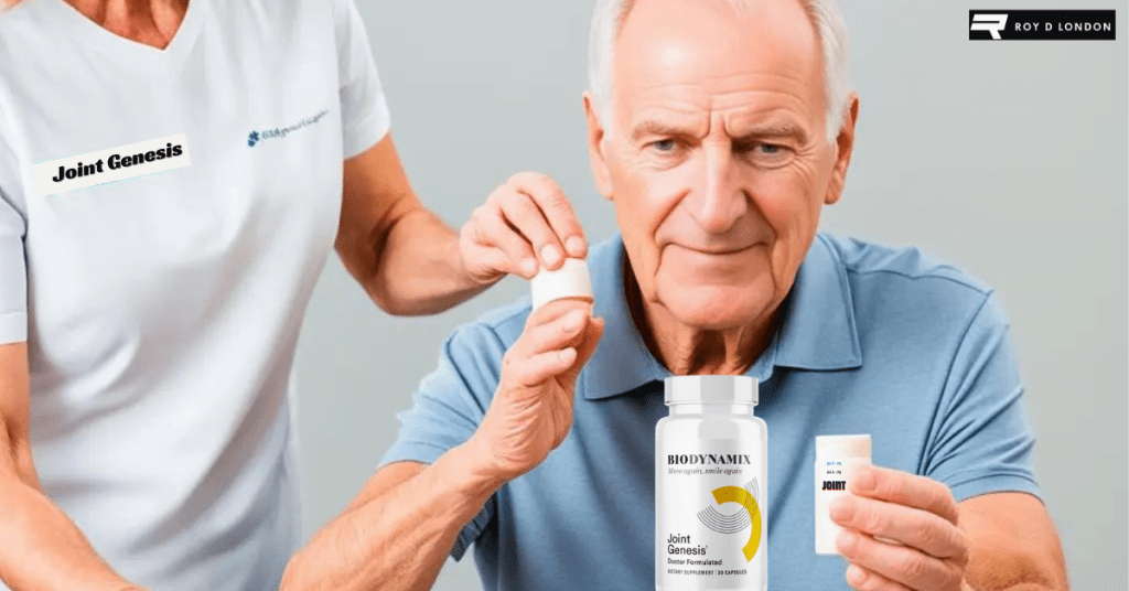 Nurse giving elderly patient a bottle of Joint Genesis for Pain relief.
