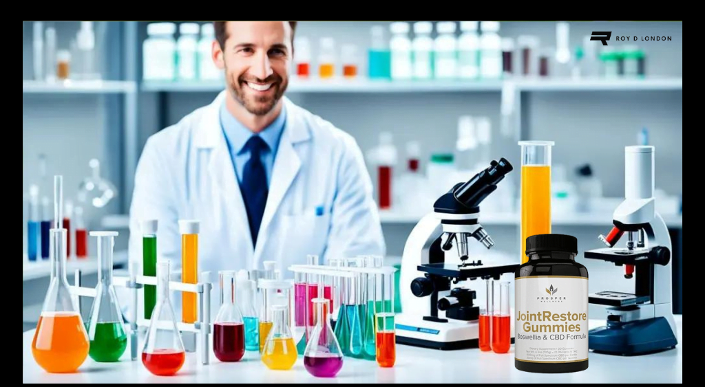 technician in a lab with multiple colors of liqiods on table beside a bottle of Joint Restore gummies. The Science Behind Joint Restore Gummies.