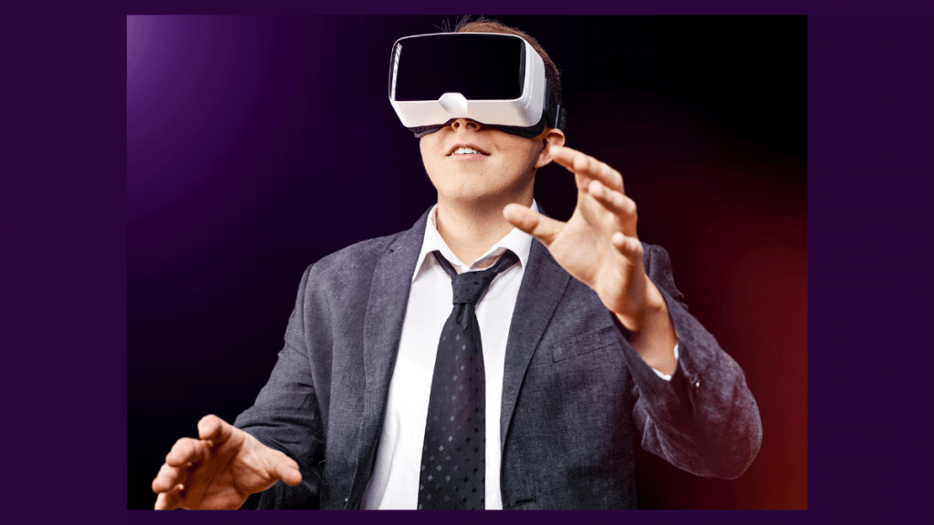 Smiling young man wearing a 360 Video in Google Cardboard