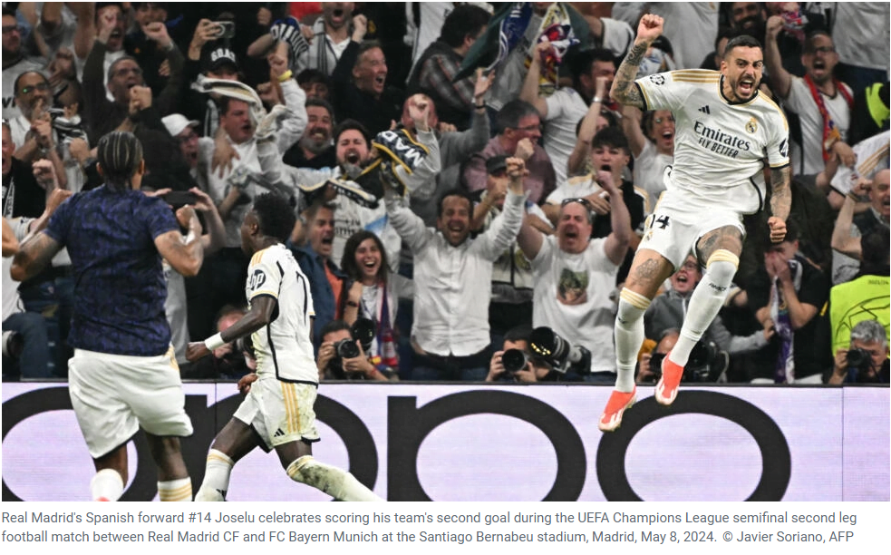 Historical Real Madrid vs Bayern Munich: Real Madrid Players and fans jumping in the air celebrating their win.

