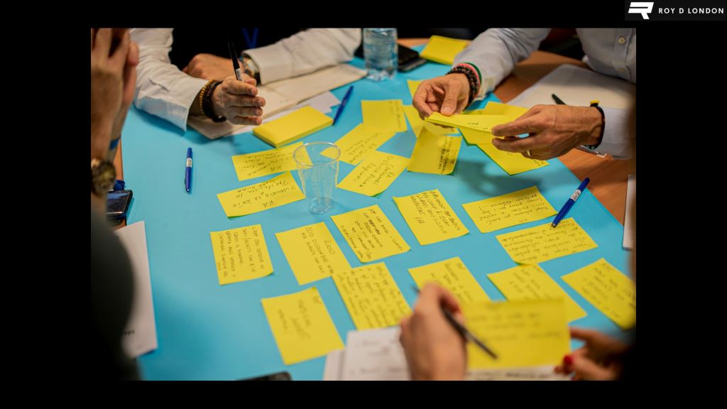 Manos de cuatro personas sentadas alrededor de una mesa escribiendo en notas adhesivas amarillas de 3M