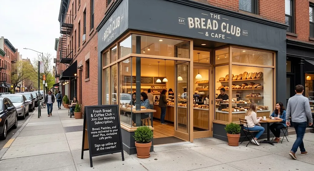 A cozy local bakery storefront displaying a digital sign for a subscription service, illustrating how to monetize your local business.