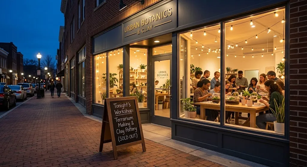 A vibrant local plant shop storefront hosting an evening community workshop to generate extra revenue. And Monetize Your Local Business.